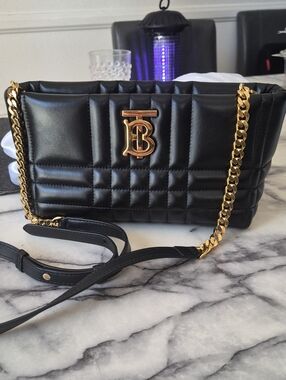 Burberry Black Quilted Leather Shoulder Bag with Gold TB Chain